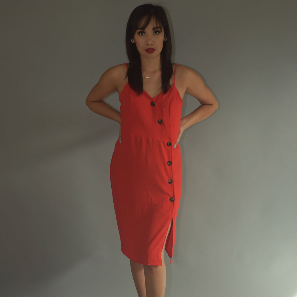 red asymmetrical faux button dress